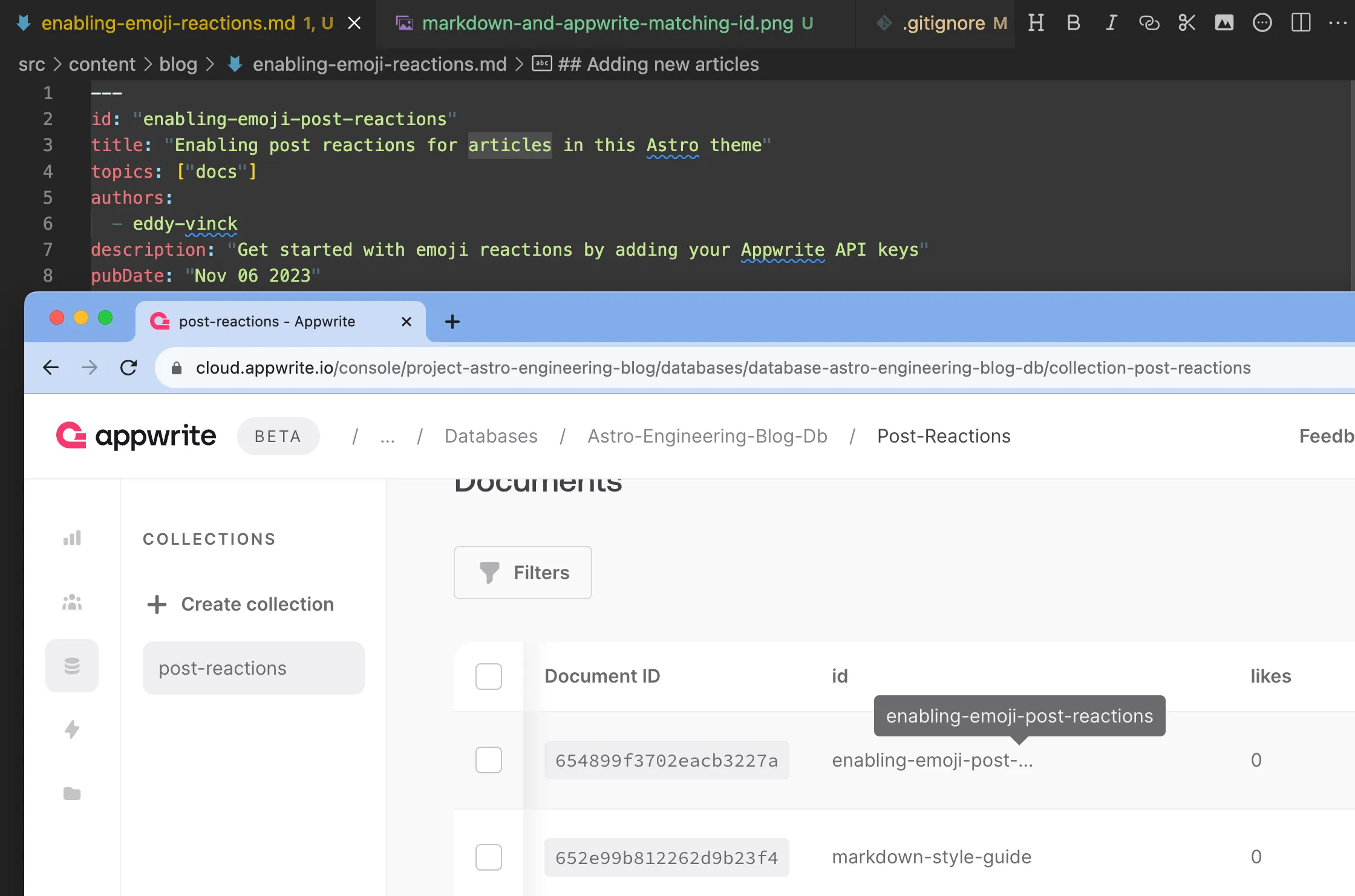 Matching IDs in the Frontmatter section and Appwrite