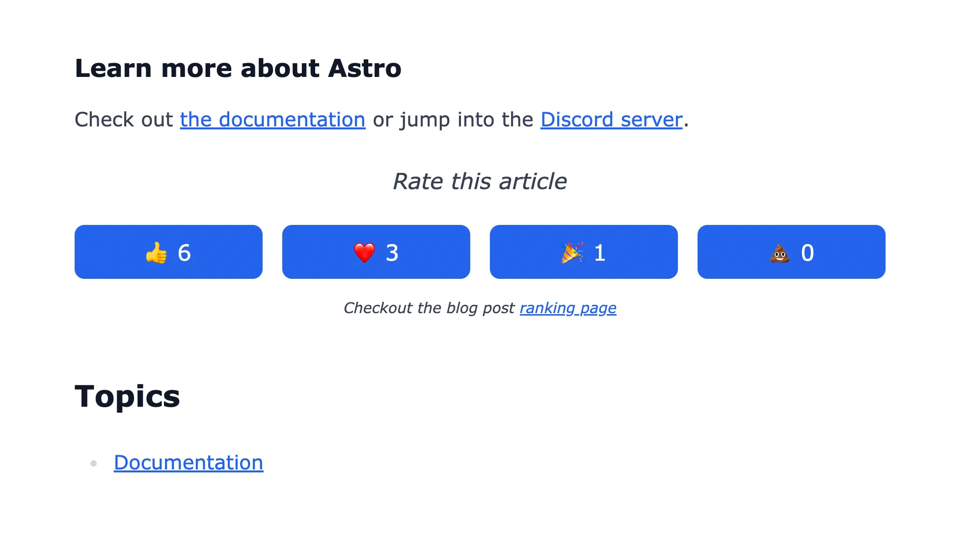 Emoji reactions for an article showing 6 likes, 3 hearts, 1 parties, and 0 poops